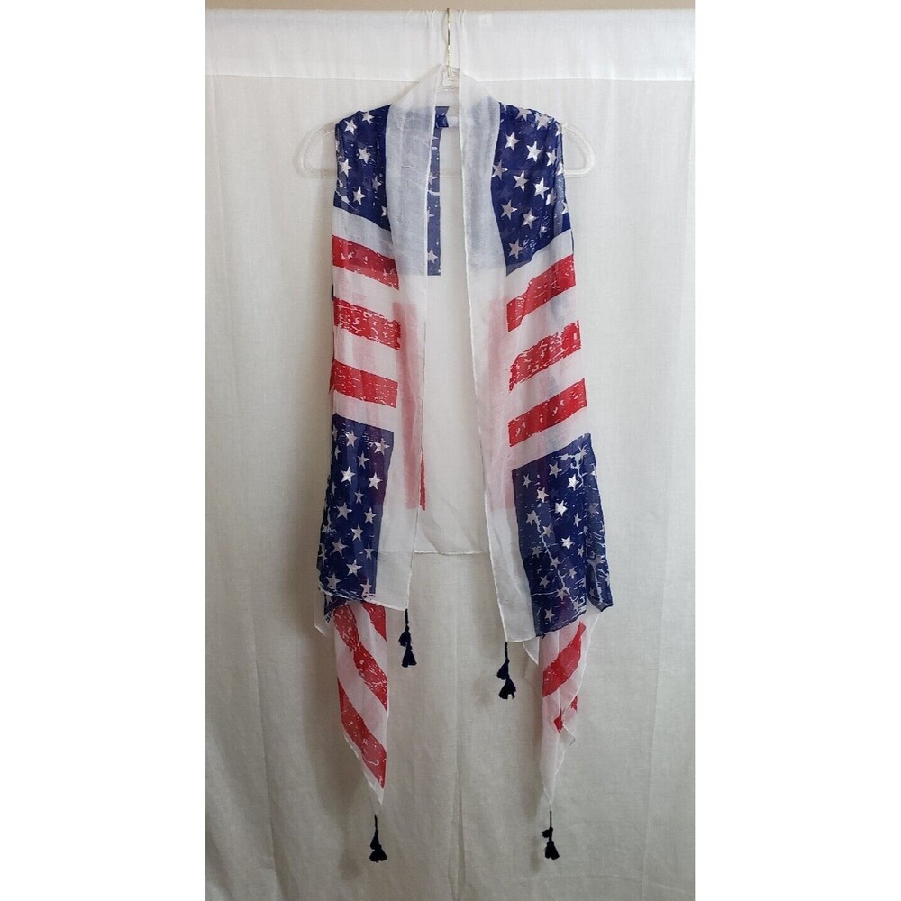 American Flag Patriotic Cardigan Shawl Semi Sheer Tassle Ends OS New DEFECT